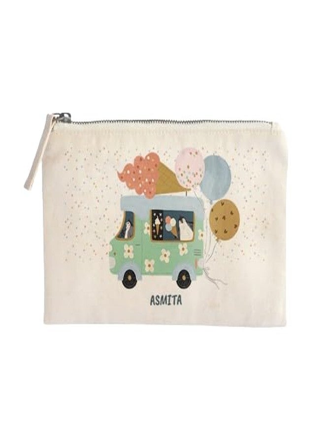 Zooboo Catch All Pouch Personalized with Kid's Names, 100% Cotton with Zipper, Pencil Pouch for Boys and Girls, School Supply Stationery Box Organizer for Students Ice Cream Fun - Image 1